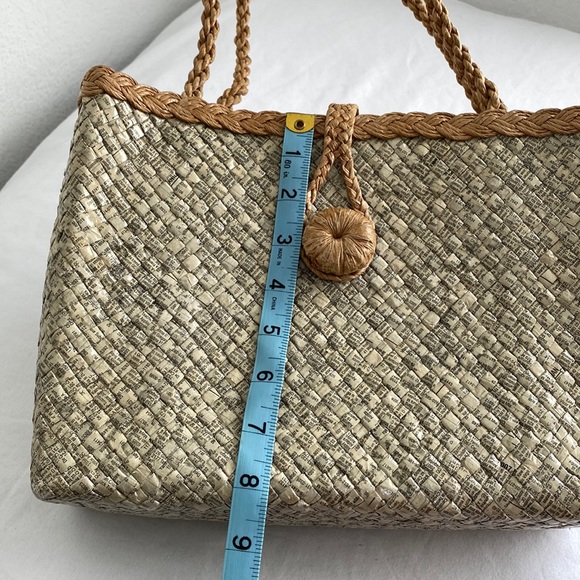 FUJI Eco-Friendly Recycled Material w Straw Shoulder Handbag Zipper Closure Top - Picture 9 of 11